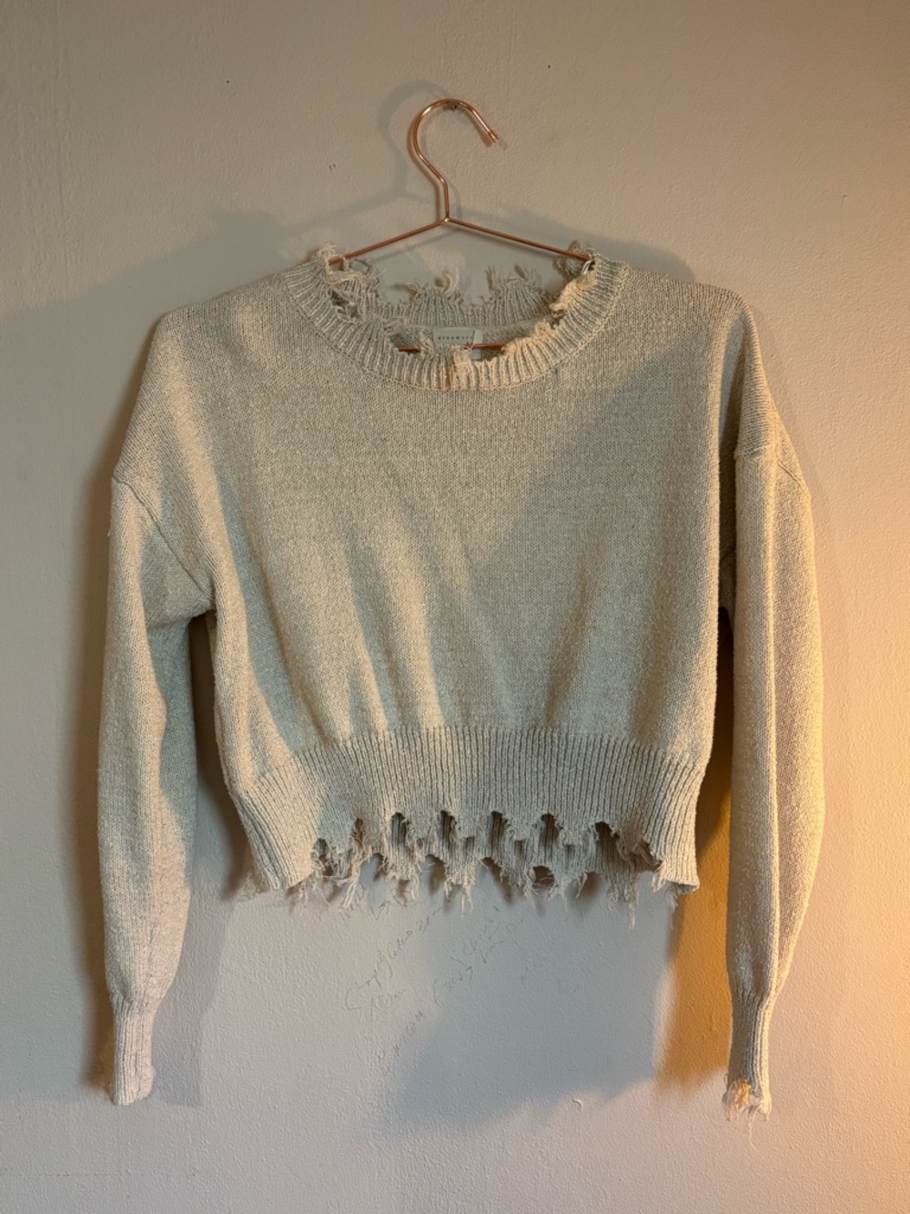 Dreamers Cream Distressed Cropped Crewneck Sweater